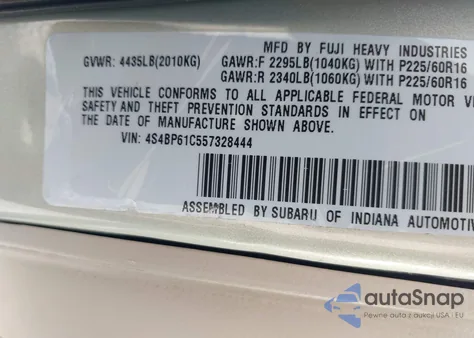 2005 Subaru Outback 2.5I from USA, damaged, VIN 4S4BP61C557328444